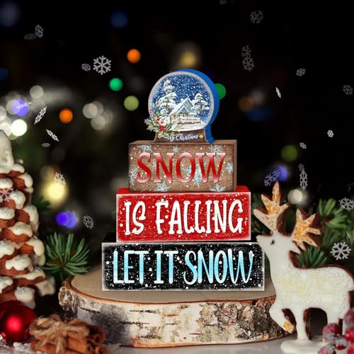 Britimes Tiered Tray Decor Set, 4 Pack, Wooden Table Sign, Christmas Winter - style: Snow Globe Christmas