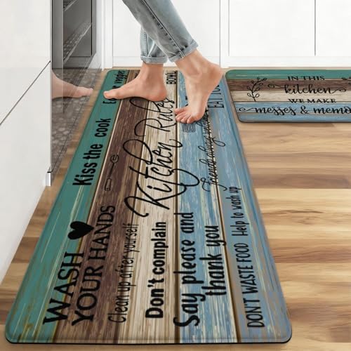 Farmhouse Kitchen Rug Sets of 2 Piece Cushioned Comfort Mat for Home & Office Non Slip Rugs and Mats Anti Fatigue Kitchen Mats for Kitchen Floor Comfort Standing Carpet Runner Rugs17.3 47"+17.3" 30" - color: Green-brown-blue, size: 17.3" x 30" + 17.3" x 4