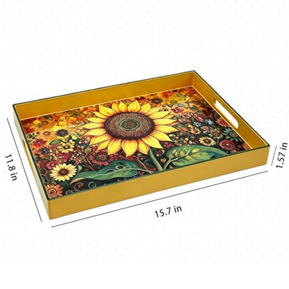 Serving Tray with Handles, 15.7 * 11.8 inches, Plastic Ottoman Tray with Exquisite Paintings, Trays for Coffee Table - color: Golden Sunflower