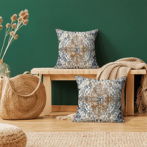 AEIOAE Boho Pillow Covers 16x16 Inch Set of 2,Carpet Pattern Throw Pillows Case,Rust Blue Ethnic Design Outdoor Decorative Square Linen Farmhouse Decor Cushion Covers for Home Sofa Bed Couch - color: Gold Blue Boho, size: 16" x 16" (Pack of 2)