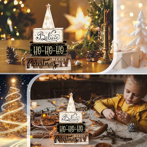 Britimes Christmas Tiered Tray Decor Set, 4 Pack, Wooden Sign, Reindeer - style: Christmas Tree Star