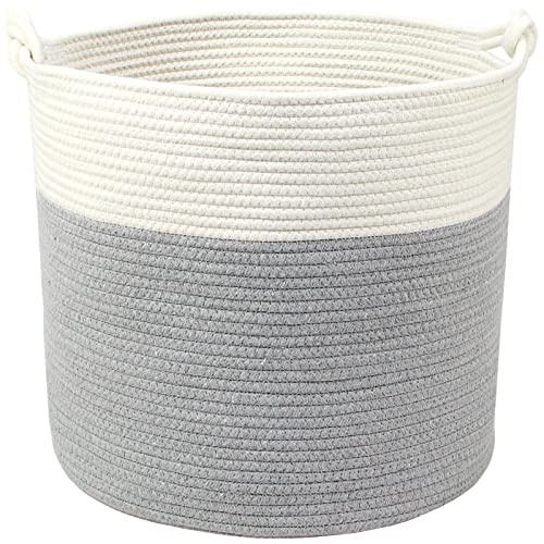 Casaphoria Woven Cotton Rope Basket with Handle for Bedroom,Round Storage Basket for Bathroom,Large Blanket Basket for Living Room,Tall Laundry Hamper Woven for Laundry,Light Gray - color: Cream and Gray