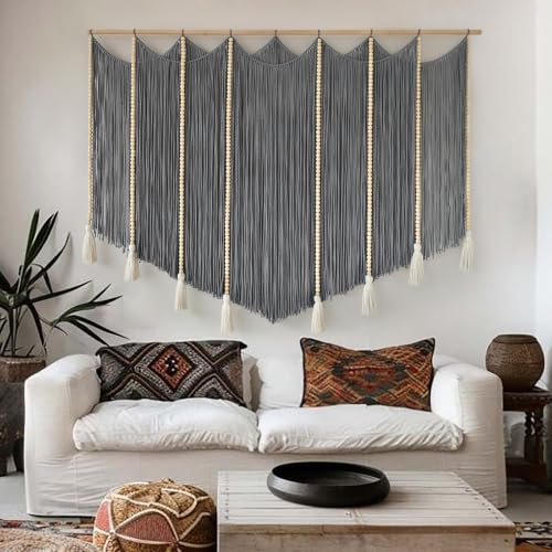 Jakalin Macrame Wall Hanging Grey Woven Yarn Large Boho Wall Art 57" x 43" - color: Grey