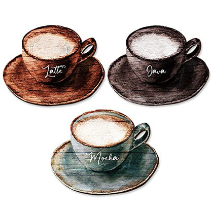Blulu 3 Pcs Coffee Cup Wooden Wall Art Decor with Metal Hook for Kitchen