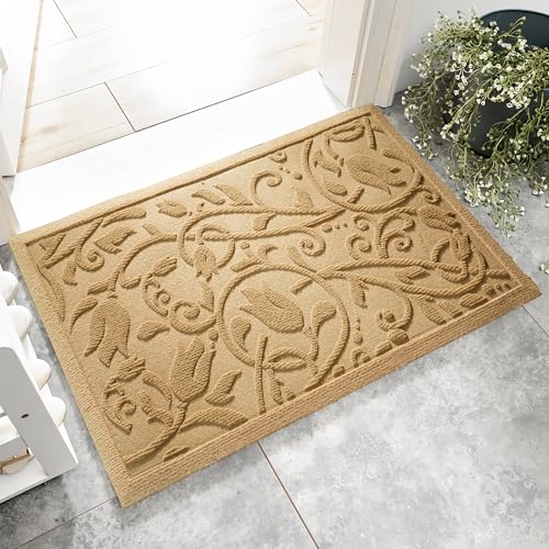 Boho Beige Floral Leaves Outdoor Indoor Entrance Doormats, Absorbent Durable Heavy Duty Welcome Front Door Mat,Thick Natural Rubber Back,Easy Clean Entryway Mat 23x35 Inch, Low Profile - color: Tulip-beige, size: 1'11" x 2'11" (Rectangular)