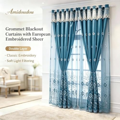 Amidoudou 1 Pair European Double Layer Curtains for Living Room Bedroom Luxury Flower Embroidered Curtains with Valance (Blue,52x95 Inch) - color: Blue, size: 52"W x 95"L (Pack of 2)