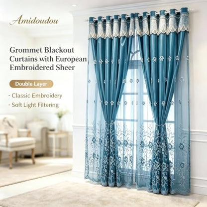 Amidoudou 1 Pair European Double Layer Curtains for Living Room Bedroom Luxury Flower Embroidered Curtains with Valance (Blue,52x102 Inch) - color: Blue, size: 52"W x 102"L (Pack of 2)