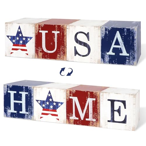 COCHIE 4th of July Decorations Wooden Stars, Patriotic Memorial Day Star Tiered Tray Decor Set of 4, Fourth of July Red White Blue Decoration for Home Office Table Shelf - style: USA HOME Sign