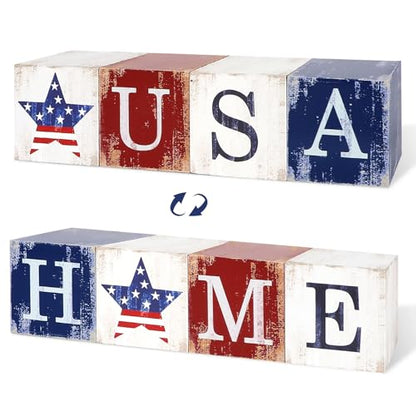COCHIE 4th of July Decorations Wooden Stars, Patriotic Memorial Day Star Tiered Tray Decor Set of 4, Fourth of July Red White Blue Decoration for Home Office Table Shelf - style: USA HOME Sign