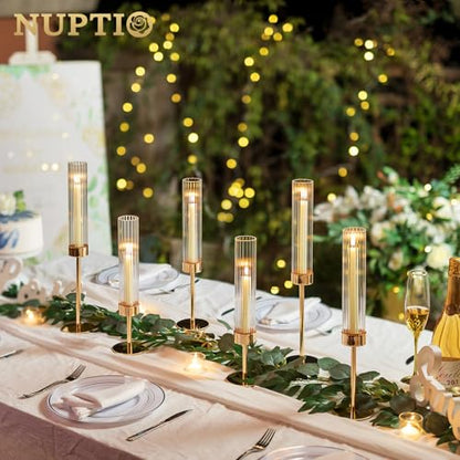 NUPTIO Hurricane Glass Candles Holder, 18 Pcs Gold Taper Candle Holder Bulk - color: Ribbed, size: 18pcs