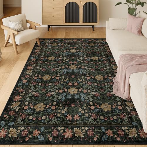 DUKINO 5x7 Area Rugs, Vintage Floral Washable Rug for Living Room, Black - color: Black, size: 5' x 7' (Rectangular)