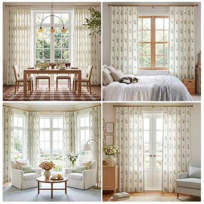 Pinch Pleat Linen Blend Curtains Green Stripe Floral, 40"W x102 Inches Long - color: Green Stirpe, size: 40"W x 102"L (Pack of 2)