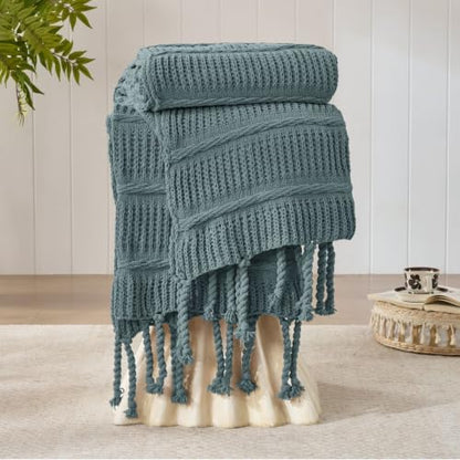Boho Knitted Chenille Blanket with Tassels - Lightweight & Soft All-Season Throw - 3D Classic Pattern for Living Room Bedroom Couch, Celestial Blue, Queen 90"x90" - color: Celestial Blue, size: Queen
