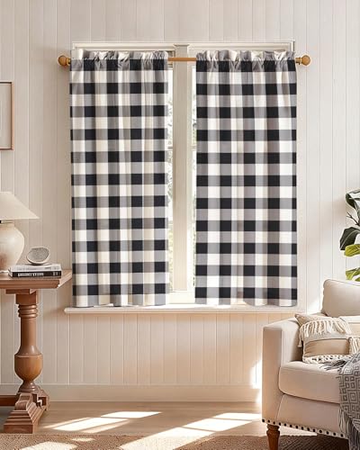 Miss Adola 45 Inch Length Kitchen Tier Curtains, Black Plaid - color: Black Plaid, size: 28"W x 45"L (Pack of 2)