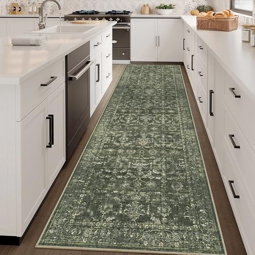 3x10 Washable Kitchen Runner Rug Soft Vintage Dark Green Throw Carpet - color: Dark Green, size: 3' x 10' (Runner)