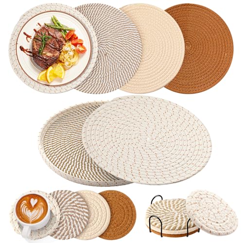 8 Pcs Boho Round Woven Placemats Set of 4/6/8,Trivets for Dishes, Heat Resistant Hot Pads,11.8" Woven Cotton Rope Round Placemats with Basket, 4.3" Drink Coasters with Holder (Mix Brown)