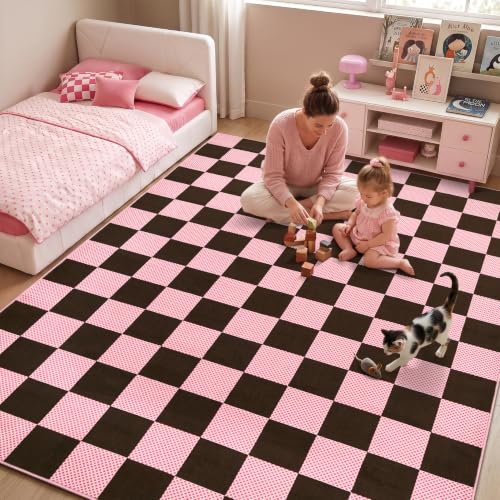 GarveeHome Checkered Brown Pink 3x5 Washable Girls Low-Pile Rug for Bedroom - color: Brown Pink, size: 3' x 5' (Rectangular)