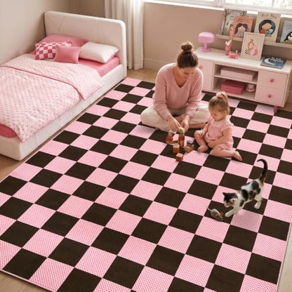 GarveeHome Checkered Brown Pink 3x5 Washable Girls Low-Pile Rug for Bedroom - color: Brown Pink, size: 3' x 5' (Rectangular)