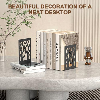 VFINE 8-Piece Metal Bookends for Shelves, Black Tree Book Ends for Books, Decorative Desk Book Organizer, Non-Skid Shelve Bookends for Home Office Shcool Supplies - style: Black bookend 4 pairs