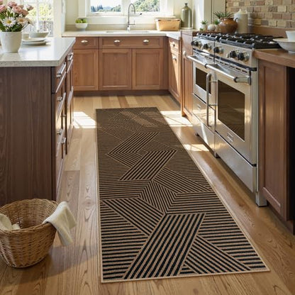 Lahome Modern Geometric Runner Rug, 2x6 Washable Rug Runners for Hallway - color: Black/Nature Geometric-2, size: 2' x 6' (Runner)