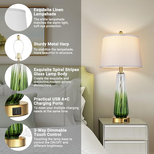 Modern Glass Table Lamps, 27.5" Bedside Lamps for Bedroom, Green, 1 Pack - color: Green（1 pack）