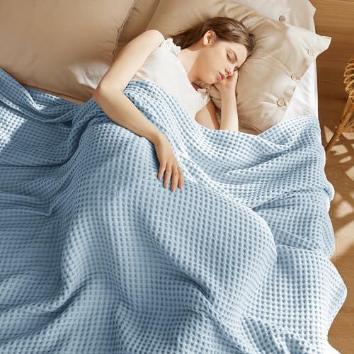Bedsure Lightweight 100% Cotton Waffle Blanket, Throw XL, Celestial Blue - color: Celestial Blue, size: Throw Xl (50" X 70")