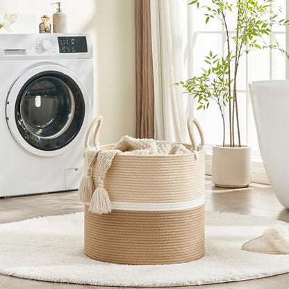KAKAMAY Large Blanket Basket (18"x18"x16"),Woven Baby Laundry Hamper for Storage, Cotton Rope Blankets Baskets for Nursery, Laundry, Living Room, Pillows, Baby Toy chest with Handles (Light Brown) - color: Light Brown