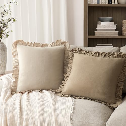 Foindtower Linen Fringe Ruffle Throw Pillow Covers 18×18 Inch Light Tan - color: Semolina, size: 18" x 18" (Pack of 2)