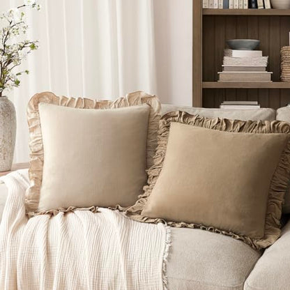 Foindtower Linen Fringe Ruffle Throw Pillow Covers 18×18 Inch Light Tan - color: Semolina, size: 18" x 18" (Pack of 2)
