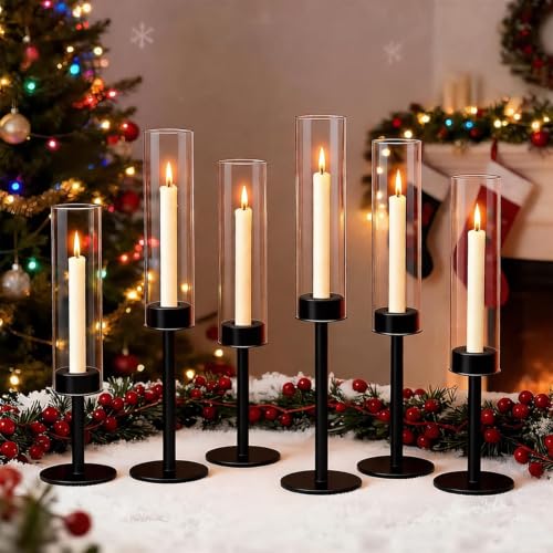 Hurricane Candle Holder Set of 6 – Elegant Glass Pillar Candle Holders for Home Décor, Wedding, Table Centerpiece, Outdoor – Clear Windproof Cylinder Candle Holders - color: Glass Black 6 Pieces