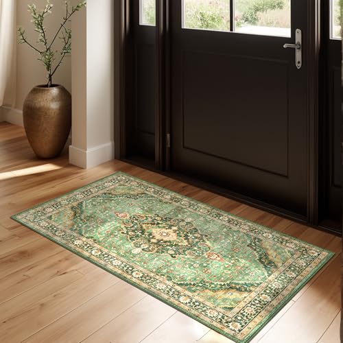 Green Runner Rug 2x4 Rugs Boho Small Washable Runner Rugs for Entryway Bathroom Kitchen, Small Rugs Soft Low Pile Non-Slip Rubber Backing Oriental Door Mat - color: Border Green, size: 2'x4'
