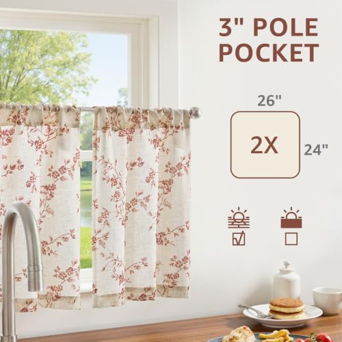 jinchan Floral Linen Kitchen Tier Curtains, 24 Inch, 2 Panels, Terracotta - color: Alisa Terracotta, size: 26"W x 24"L (Pack of 2)