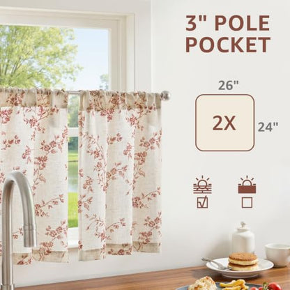 jinchan Floral Linen Kitchen Tier Curtains, 24 Inch, 2 Panels, Terracotta - color: Alisa Terracotta, size: 26"W x 24"L (Pack of 2)
