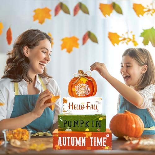 4 Pcs Fall Thanksgiving Decorations for Home,Wooden Pumpkin Signs with Sayings Hello Fall Maple Leaf Block Signs Tiered Tray Tabletop Decor Thanksgiving Decor Indoor for Office Farmhouse Home Kitchen