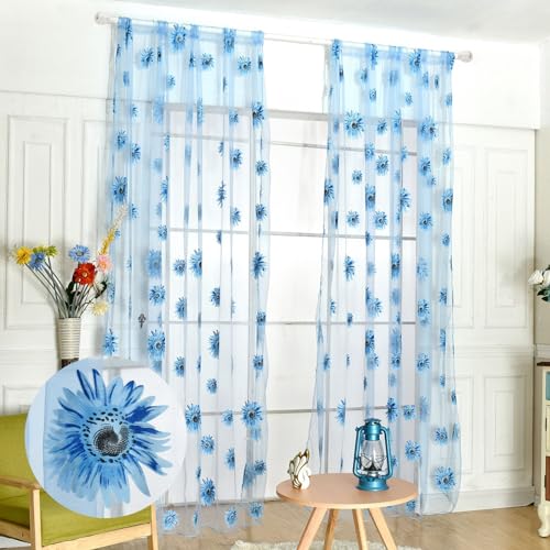 Ufurty 2pcs Sunflower Window Curtain Blue Floral Voile Sheer Curtains - color: Blue Flower, size: 39.4"W x 78.7"L (Pack of 2)