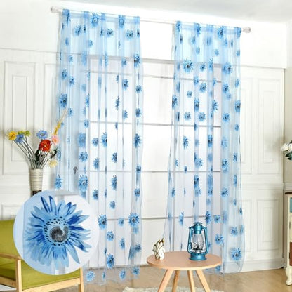 Ufurty 2pcs Sunflower Window Curtain Blue Floral Voile Sheer Curtains - color: Blue Flower, size: 39.4"W x 78.7"L (Pack of 2)