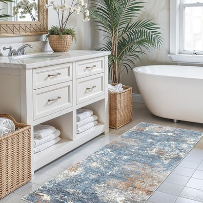 2x6 Non-Slip Washable Kitchen Runner Rug – Modern Abstract Carpet Runner for Hallway Bedroom Bathroom Laundry Room Entryway – Low-Pile Thin Rubber Backed（Blue Rust,2x6） - color: Blue Rust, size: 2' x 6' (Rectangular)