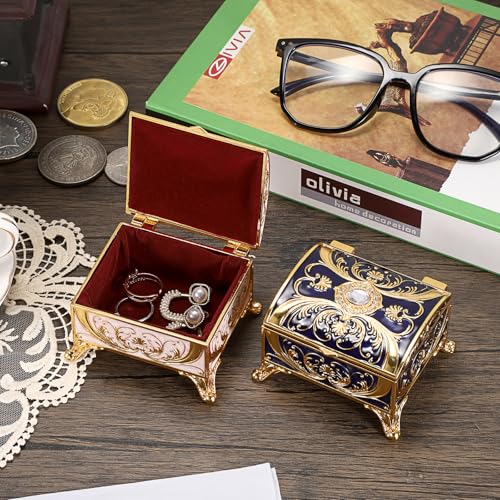 Small Jewelry Box Treasure Box Vinatge Enamel Trinket Organzier Hand Painted Jewelry Chest Case Golded Metal Jewelry Keepsake Box for Earrings Rings Gift for Christmas Wedding,Beige - style: Treasure Chest Style