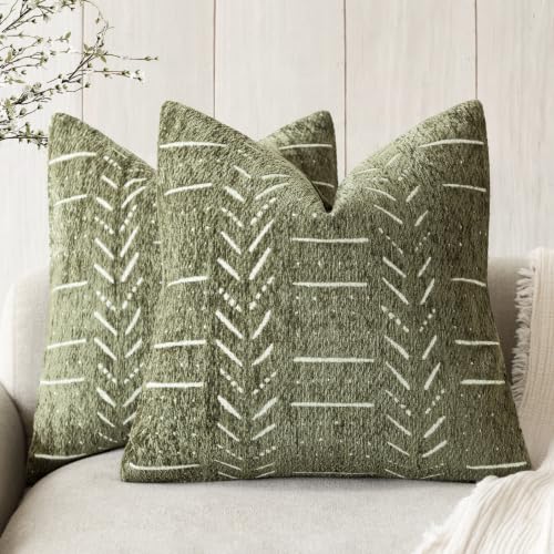 Foindtower Set of 2 Decorative Chenille Jacquard Throw Pillow Covers Textured Farmhouse Vintage Cushion Cover Neutral Boho Accent Home Decor For Sofa Chair Couch Bed Living Room,18×18 Inch,Olive Green - color: Olive Green, size: 18" x 18" (Pack of 2)