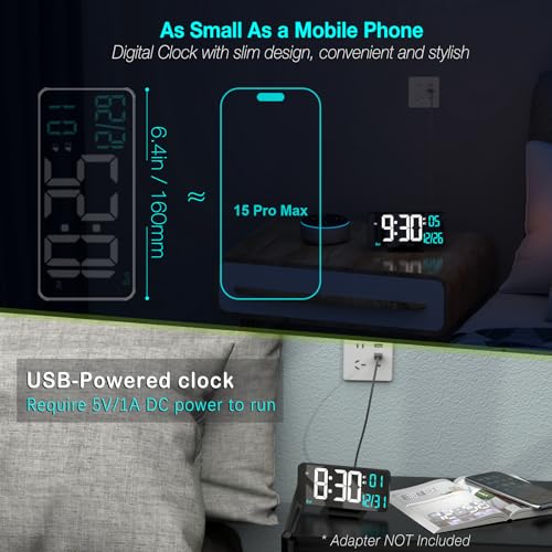 KOSUMOSU Digital Alarm Clock 6.7in Black Clock for Bedroom, Dual Alarm, Date, Seconds,Day of Week,12/24h,Dimming, Temp, Desk Clock, LED Clock for Living Room, Calendar Digital Clock - color: Black Clock(white + Blue Digits)