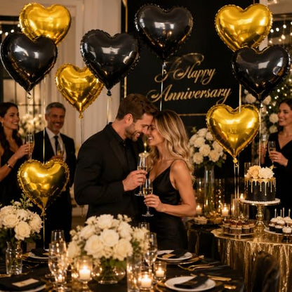 Black Gold Heart Foil Balloons,12Pcs 18Inch Heart Shaped Balloons - color: Black Gold