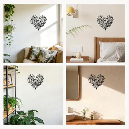 JEWLOVE Floral Heart Wall Art, Metal Flowers Decor | Heart filled with metal flowers and leaves; botanical wall decor for living room, bedroom; 12.2x11in; love, valentine gift