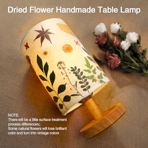 Pressed Flowers Table Lamp 5W LED 3Color Temperatures Dried Flower Bedside Lamp Linen Shade with Wood Base for Bedroom Living Room Desk Office - color: Leaf-3-Color