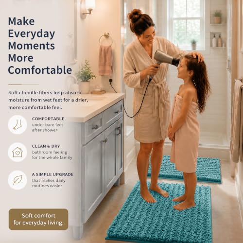Yimobra Bathroom Rug Set 3 Piece, Super Absorbent Bath Mat Set, Teal Blue - color: Teal Blue, size: 24"x17" + 24"x20" + 30"x20"