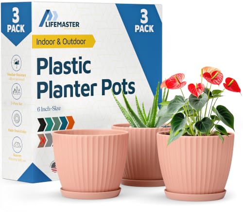 Pink 6-Inch Plant Pots with Drainage & Saucers 3 Pack, Indoor & Outdoor Planters for Houseplants, Herbs, and Flowers, Durable & Weatherproof Material, Stackable, Lightweight, Minimalist Design - color: Pink, size: Pack of 3