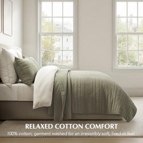 EVERGRACEHOME 100% Cotton Modern Lines Quilt Set Queen Size, Light Sage - color: Light Sage, size: Full/Queen (92" X 92")