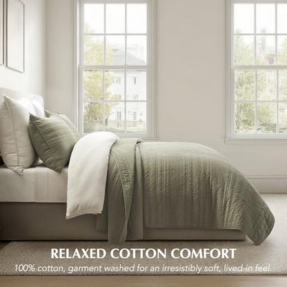 EVERGRACEHOME 100% Cotton Modern Lines Quilt Set Queen Size, Light Sage - color: Light Sage, size: Full/Queen (92" X 92")