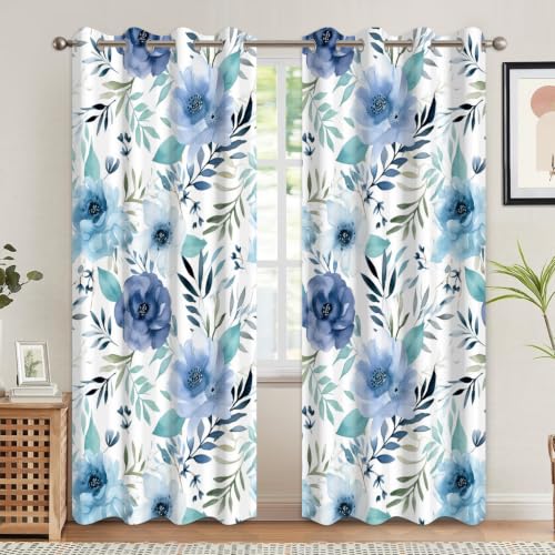 Blue Floral & Leaf Thermal Blackout Curtains 84 Inch Length 2 Panels Set - color: Floral-d