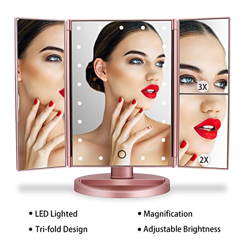 deweisn Dresser Mount Tri-Fold Lighted Vanity Mirror with 21 LED Lights, Touch Screen and 3X/2X/1X Magnification, Two Power Supply Modes Make Up Mirror,Travel Mirror - color: Rose Gold