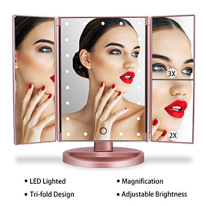 deweisn Dresser Mount Tri-Fold Lighted Vanity Mirror with 21 LED Lights, Touch Screen and 3X/2X/1X Magnification, Two Power Supply Modes Make Up Mirror,Travel Mirror - color: Rose Gold
